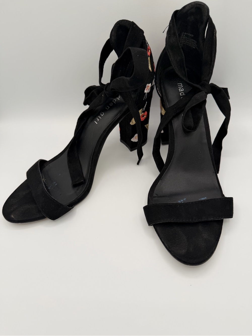 Madden Girl Black Suede Ankle Tie Block Heel Sandals with Floral Embroidery